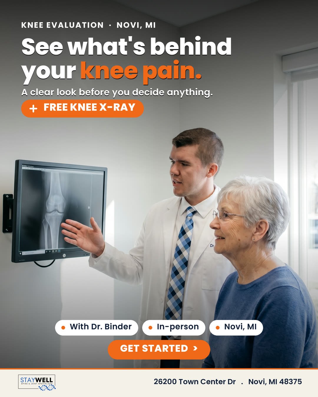 StayWell image ad of the doctor showing a patient her knee scan