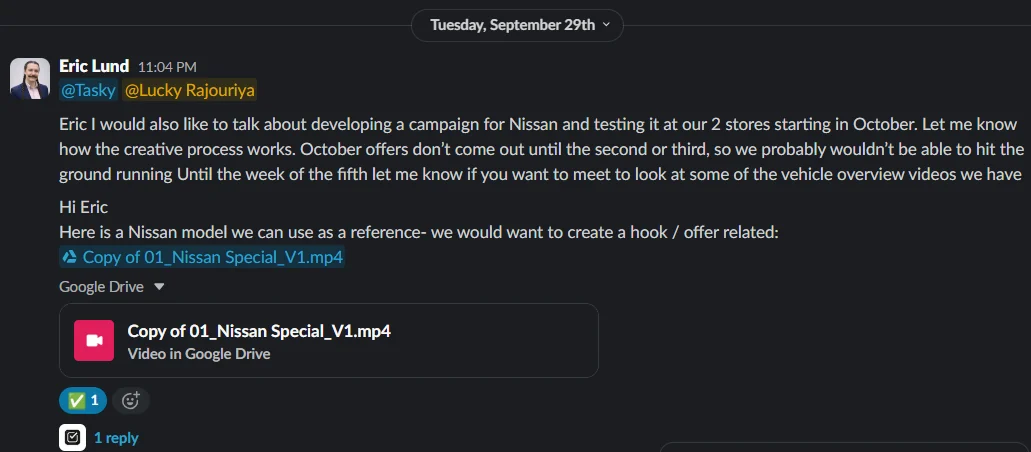 Slack message from Eric Lund asking to develop a Nissan campaign for two stores