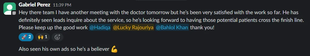 Slack message from Gabriel Perez saying the doctor is very satisfied